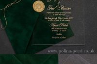 a gorgeous emerald velvet and acrylic wedding invitation suite with gold calligraphy, gold seals and gold threads is wow