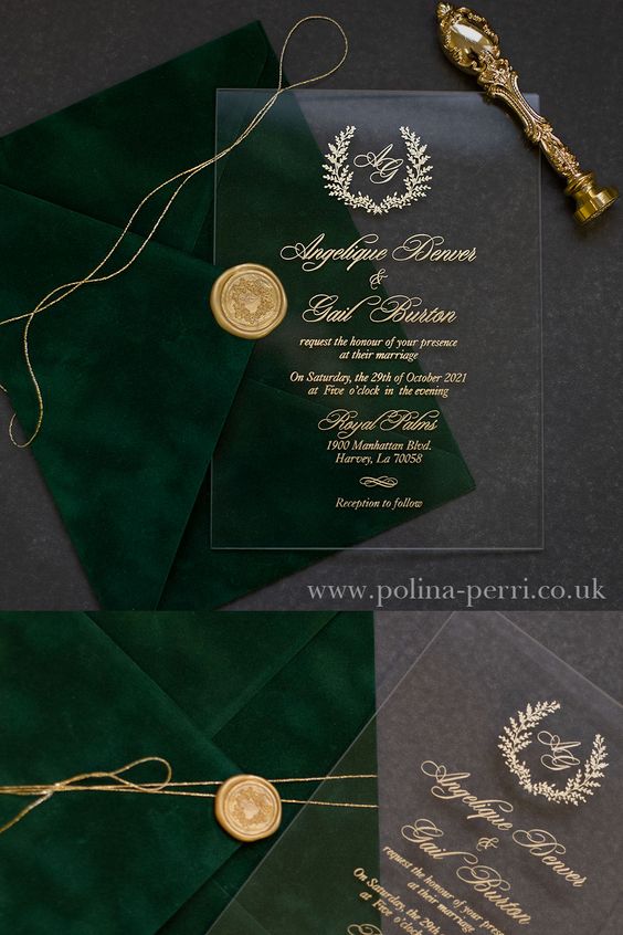 a gorgeous emerald velvet and acrylic wedding invitation suite with gold calligraphy, gold seals and gold threads is wow