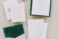 a green velvet and white wedding invitation suite with gold calligraphy, ribbons and tiny tree prints for a chic woodland wedding