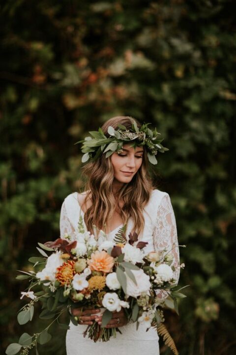 a leafy bridal crown is a lovely idea for many weddings, from rustic to boho ones, and it will add interest to your look