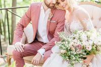 a mauve pantsuit, a white shirt and a delicate pink flower boutonniere are amazing for a spring or summer garden wedding