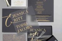 a modern black, grey and white invitation suite with gold foil and gold printing is super stylish for a modern and elegant wedding