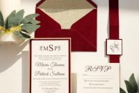 a super stylish red velvet and gold glitter wedding invitation suite with calligraphy and stylish lettering is amazing for a Christmas wedding