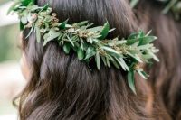a textural greenery crown is always a cool way to add interest to the look and bring a touch of romance