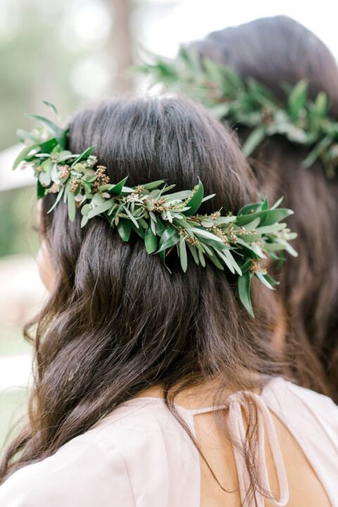 a textural greenery crown is always a cool way to add interest to the look and bring a touch of romance