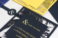 bold and modern laser cut wedding invitations with various leaves and gold printing are amazing for a modern colorful wedding
