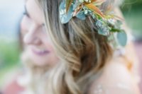 burnt orange and speckled lime green bring a little brightness to this accessory, it will beautifully accent the bridal look