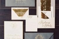 slate grey, cream and gold foil wedding invitation suite for modern weddings with a touch of glam or industrial