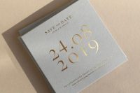 stylish grey wedding save the dates with gold foil are amazing for a wedding with an elegant touch and metallic details