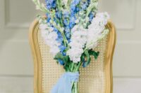 05 a bold blue and white delphinium long stem wedding bouquet with long blue ribbon is perfect for your ‘something blue’