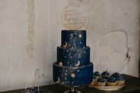 29 a lovely starry night wedding dessert table with a navy cake, cake pops and cupcakes topped with gold glitter and stars is a chic solution