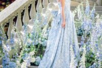 33 beautiful wedding stairs decor with blue and white delphinium and ranunculus is gorgeous for a spring or summer wedding