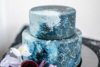 34 a navy galaxy wedding cake with constellations and a bit of light blue detailing to imitate night sky