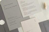 02 a chic minimalist wedding invitation suite in shades of grey and tan, with black lettering is a cool idea for a minimalist wedding