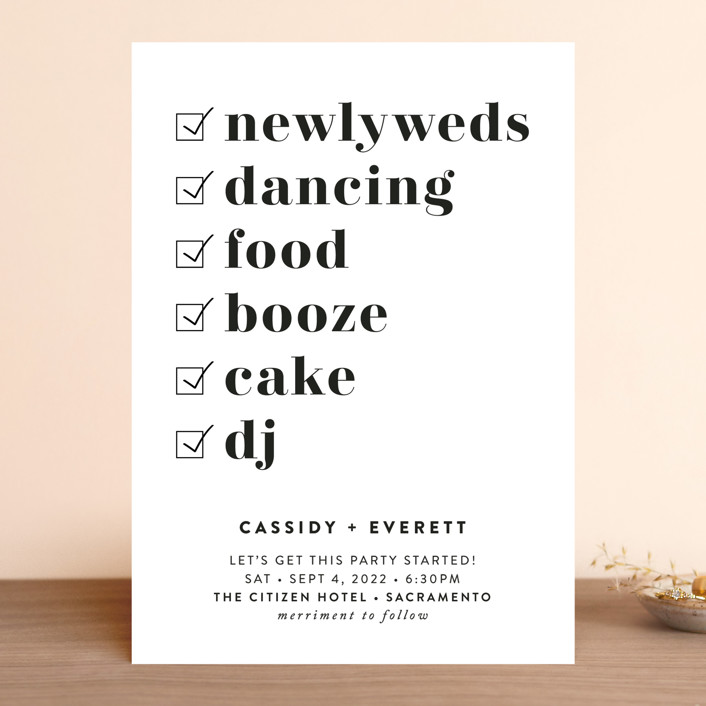 a post elopement party invitation in modern style, with black lettering and a list of ingredients