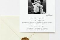 03 a cool and modern elopement reception invitation with a black and white photo from the elopememtn and some modern lettering