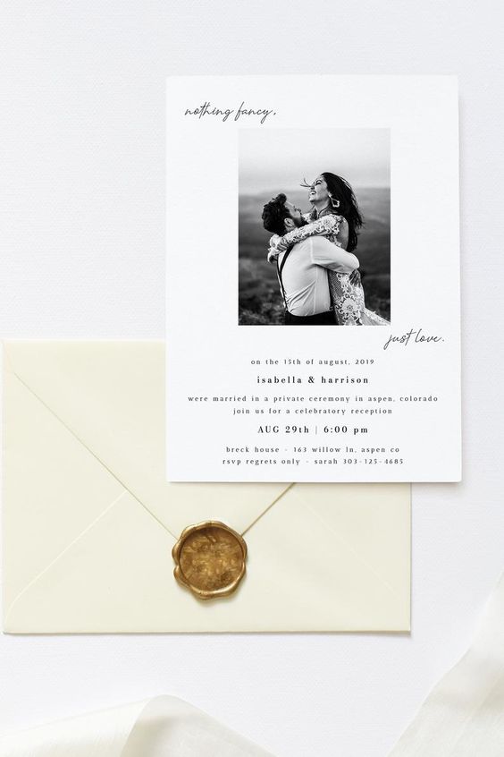 a cool and modern elopement reception invitation with a black and white photo from the elopememtn and some modern lettering