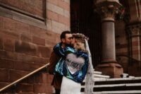 04 a blue sequin bridal jacket with a pink sequin heart is a fantastic idea for a bold and glam bridal look