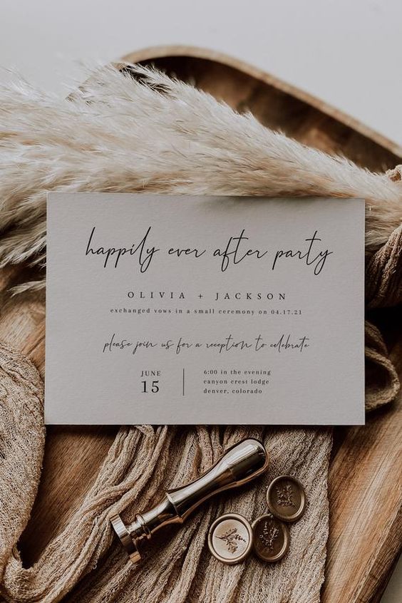 a pretty and simple cardboard elopement reception invitation with modern calligraphy