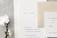 05 a lovely neutral wedding invitation suite in white and tan, with modern lettering and of simple shapes is a cool idea for a minimalist wedding