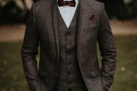 06 a brown plaid tweed three-piece suit, a white button down, a burgundy bow tie for an elegant winter look