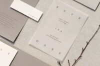 06 a minimalist shades of grey wedding invitation suite with sheer parts and black letters is a lovely idea for a minimal wedding in greys