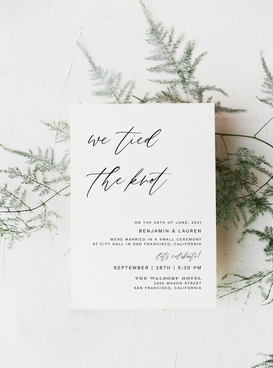 a stylish modern neutral elopement invitation with black calligraphy and lettering is a cool idea