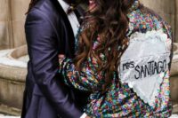08 a colorful sequin bridal jacket with a large heart and a name is a gorgeous accessory for a glam bride who loves color