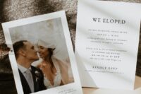 08 a romantic and beautiful elopement announcement with a photo of the couple and a card with modern lettering