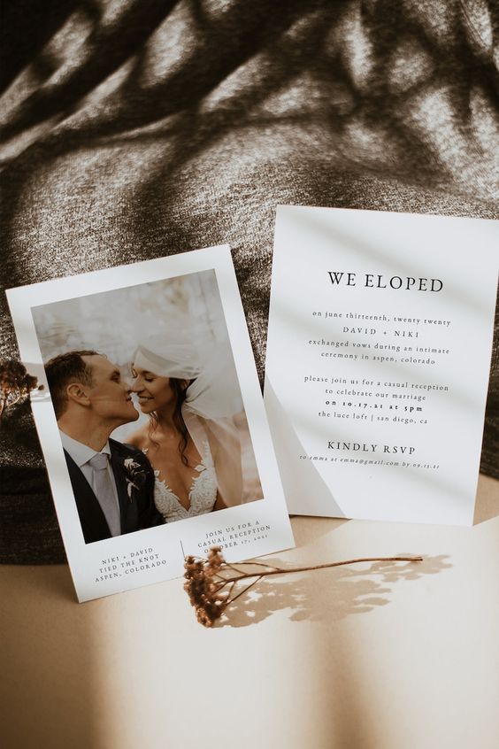 a romantic and beautiful elopement announcement with a photo of the couple and a card with modern lettering