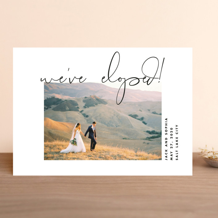 an offbeat wedding announcement with a photo and stylish lettering is a stylish idea for your elopement