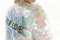 10 a jaw-dropping holographic sequin bridal jacket with a sequin heart and some letters is a lovely idea for a colorful wedding