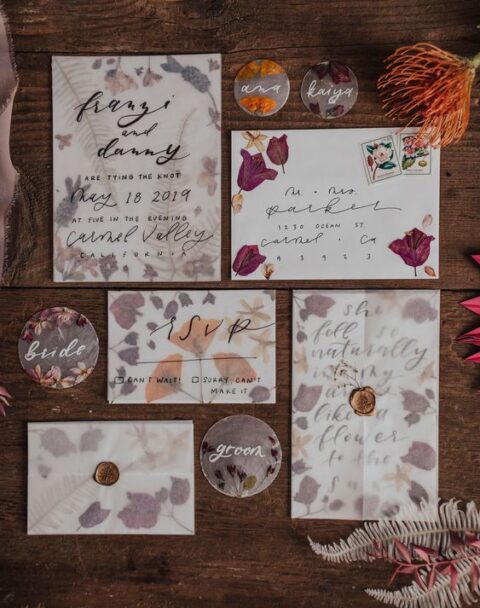 amazing pressed flower wedding stationery with black calligraphy is an ultimate idea to rock