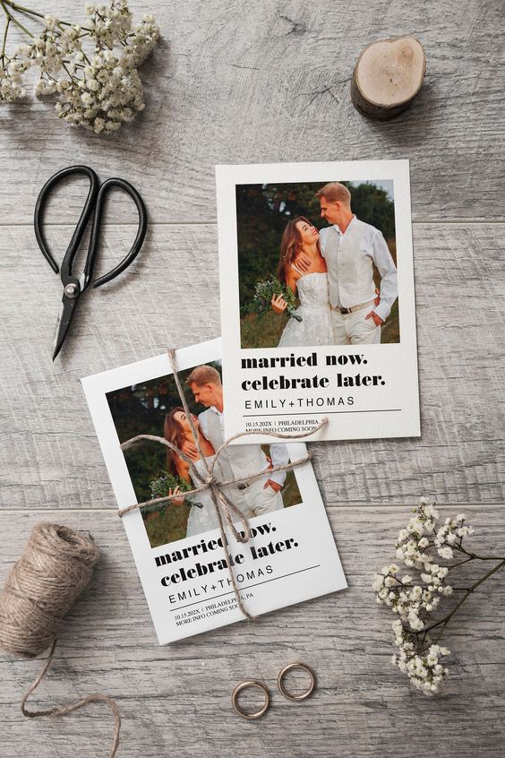 an elopement announuncement card with a photo of the couple and stylish modern letters
