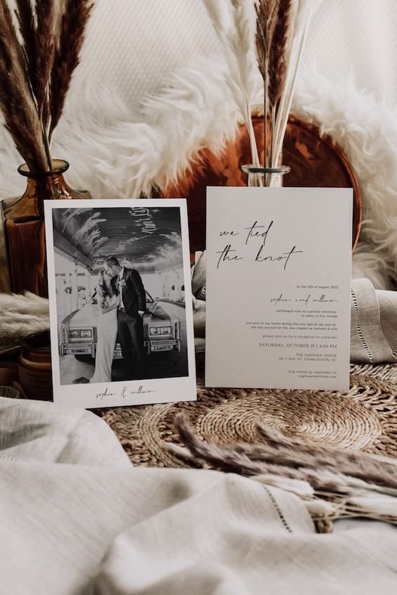an elopement reception invitation with a large photo from the elopement and modern calligraphy