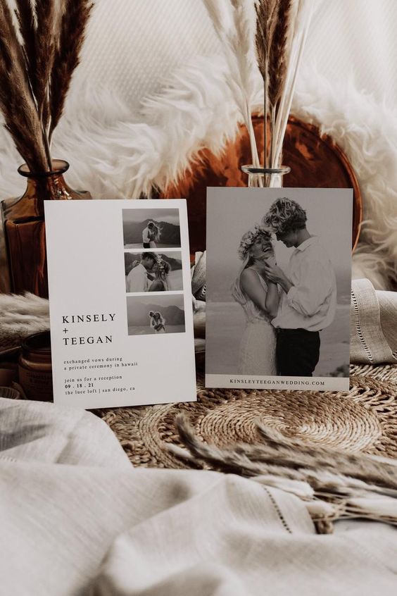 a cool elopement reception invitation in black and white, with black and white photos and modern lettering