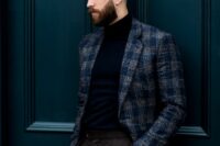 a modern to casual groom’s look with a black turtleneck, brown pants, a grey and navy plaid blazer is a gorgeous idea