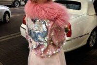 13 a pink sequin bridal jacket with pink faux fur and a seqiun heart is a gorgeous solution for a bride, it looks pretty