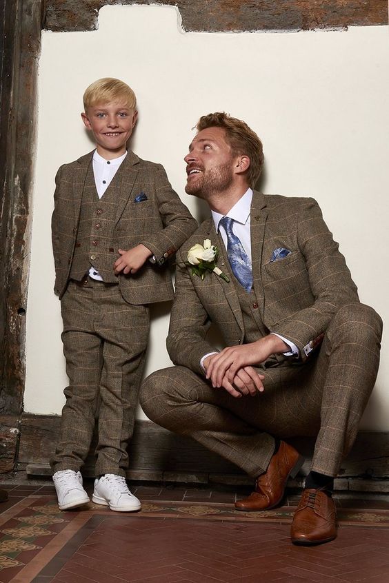 elegant taupe and beige plaid three piece pantsuits, white shirts, a blue tie and a handkerchief are a great combo for a wedding