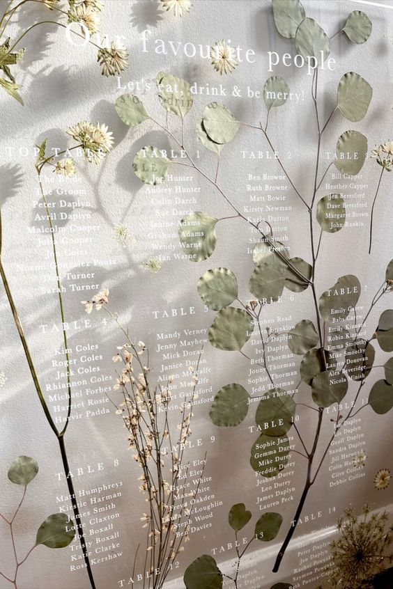 a fantastic organic seating chart with leaves and blooming branches plus white letters is a chic and stylish idea for a modern wedding