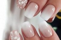 31 beautiful ombre pink wedding nails and accent ones with white floral designs are a pretty girlish idea for a bride