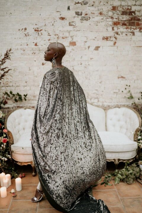 a long black sequin bridal cape is a lovely and very glam idea for a winter bride and not only