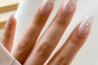 35 gorgeous long almond blush wedding nails with silver glitter and sparkles are amazing for a glam wedding