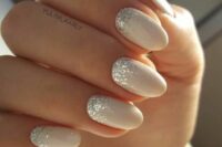 38 milky nails with silver foil are amazing to make your bridal look ultimate, they add chic and glam to the outfit