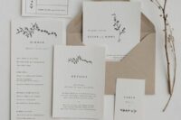 41 a neutral wedding invitation suite with a beige envelope, neutral invitations and black printing is a stylish idea for a minimalist winter wedding