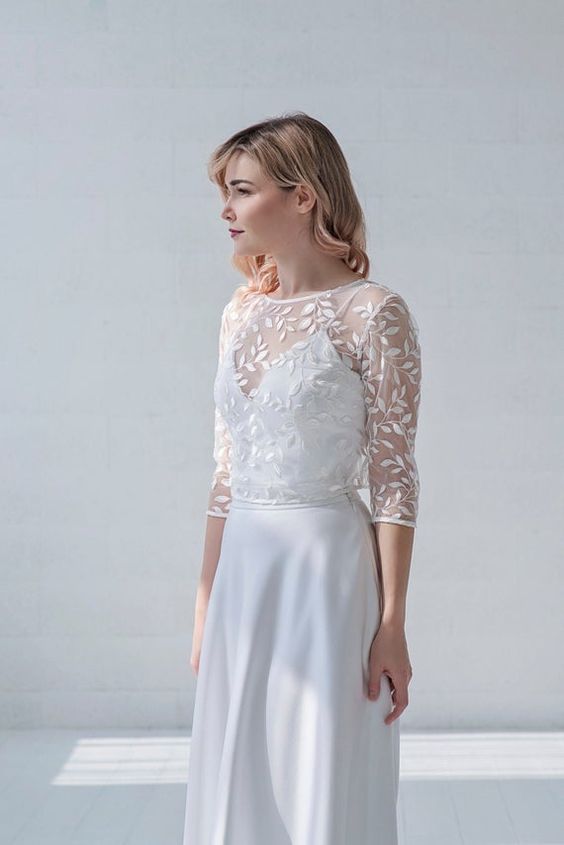 a willow leaf lace wedding dress topper is a fantastic idea for a modern and romantic bride