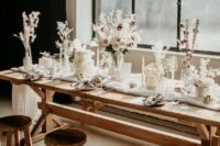 53 an organic winter wedding tablescape with white blooms, dried flowers and grasses, cotton buds and all white everything