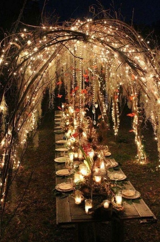 an outdoor fall wedding venue with vines and branches covering a table, fall leaves and lights hanging down