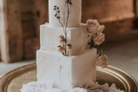 65 a delicate four tier wedding cake with square and round tiers, sugar patterns, dried blooms and herbs is a stunning idea