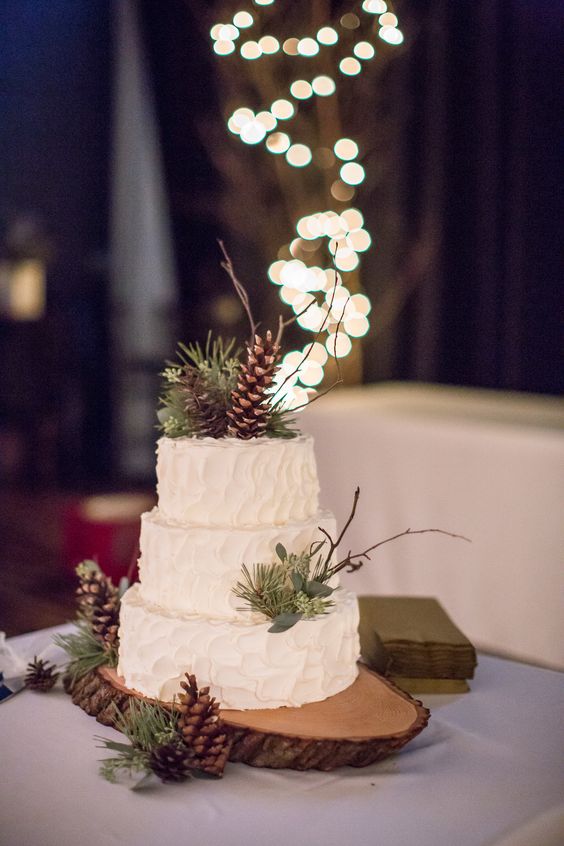a white textural wedding cake decorated with pinecones, twigs, greenery is a cool idea for a winter wedding